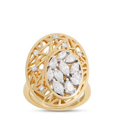 Filigree Ring With Oval Diamond Cluster, 14K Yellow Gold
