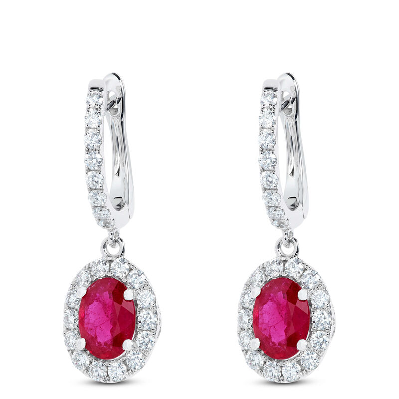 Oval Cut Ruby and Diamond Halo Earrings, 14K White Gold image number 0