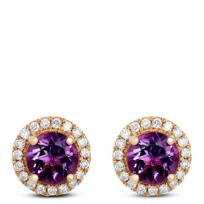 Amethyst Earrings Halo Diamond Setting, 14K Yellow Gold