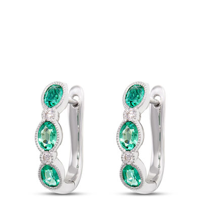 Oval Emerald Hoops, 14K White Gold