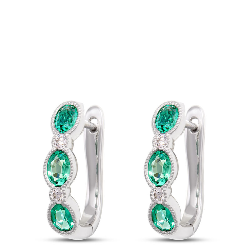 Oval Emerald Hoops, 14K White Gold image number 0