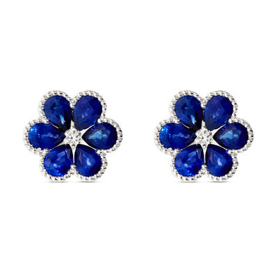 Floral Pear Shaped Sapphire Studs with Round Accent Diamonds, 14K White Gold