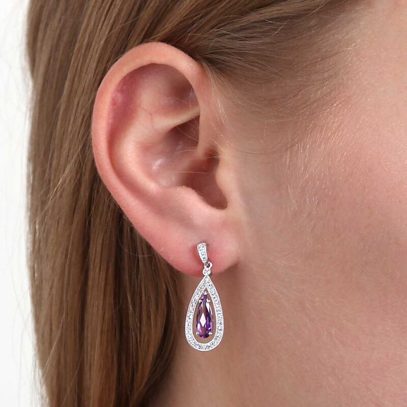 Pear Shaped Amethyst & Diamond Earrings 14K image number 2