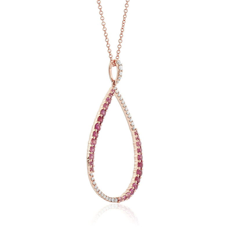 Rose Gold Pink Sapphire & Diamond Pear Shaped Necklace 14K image number 3