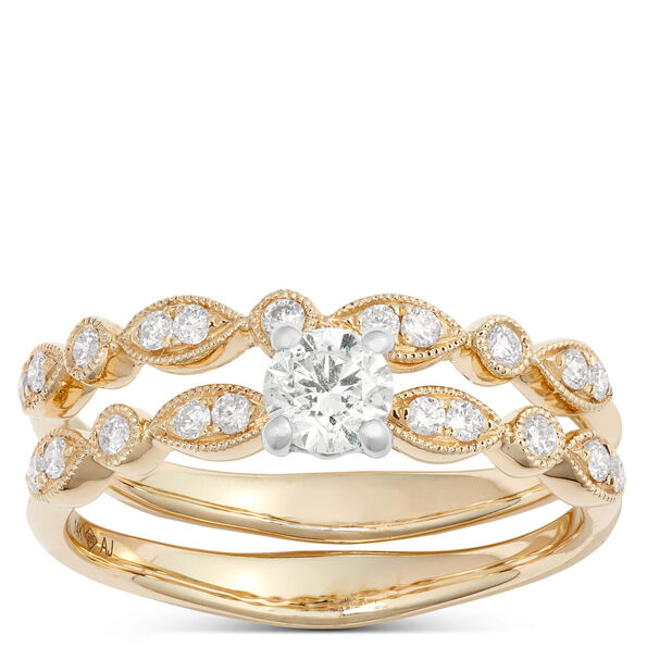 Round Cut Diamond Bridal Set, 14K Yellow Gold