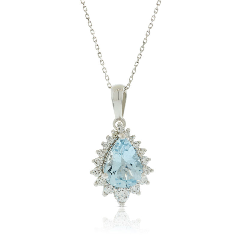Pear Aquamarine & Diamond Halo Necklace 14K image number 0