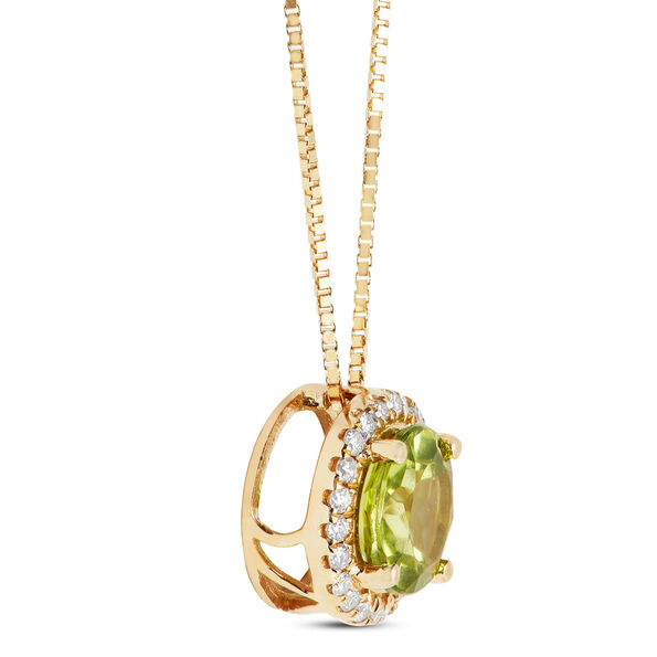 Round Cut Peridot and Diamond Halo Pendant Necklace, 14K Yellow Gold