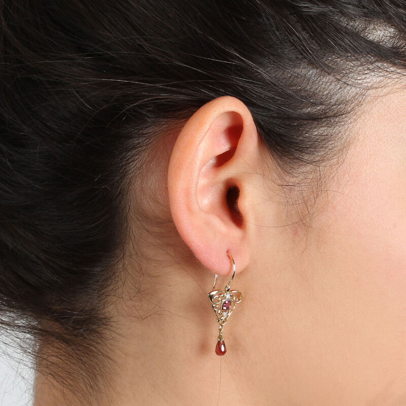 Briolette Cut Garnet & Diamond Drop Earrings 14K image number 1