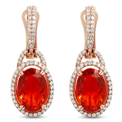Oval Fire Opal & Diamond Halo Dangle Earrings, 14K Rose Gold