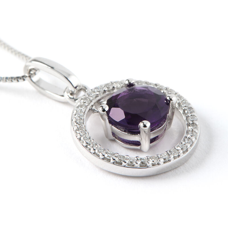 Round Amethyst and Diamond Pendant, 14K White Gold image number 1