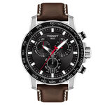 Tissot Supersport Chrono Black Dial Leather Steel Watch, 45.5mm