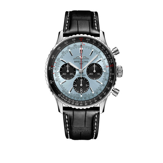 Breitling Navitimer B01 Chronograph Watch Steel Case Ice Blue Dial, Black Leather Strap, 43mm
