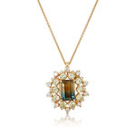 Emerald Cut Bicolor Sapphire & Diamond Sunburst Halo Necklace 14K
