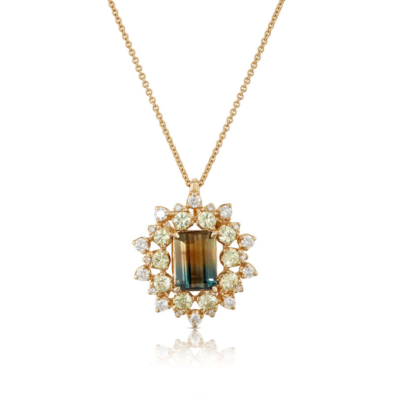 Emerald Cut Bicolor Sapphire & Diamond Sunburst Halo Necklace 14K image number 0