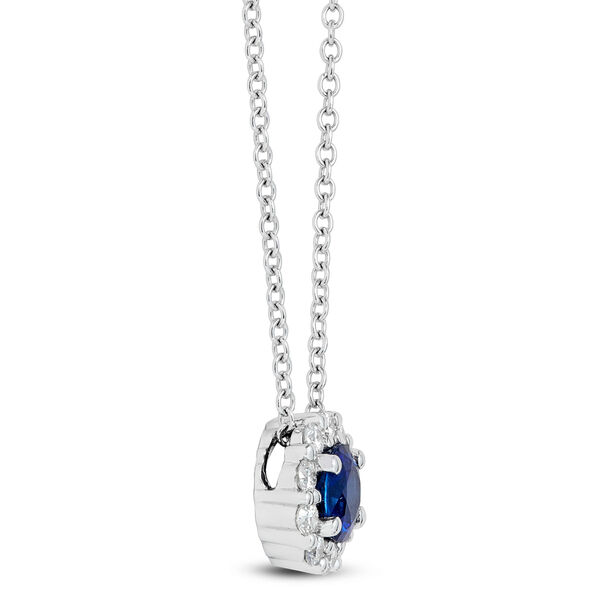 Round Cut Sapphire and Diamond Halo Pendant Necklace, 14K White Gold