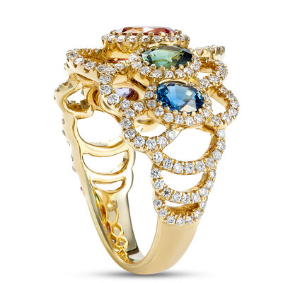 Rainbow Round Sapphire and Diamond Ring, ⅔ Total Carat Weight 14K Yellow Gold