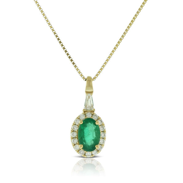 Oval Emerald & Diamond Halo Necklace, 14K Yellow Gold