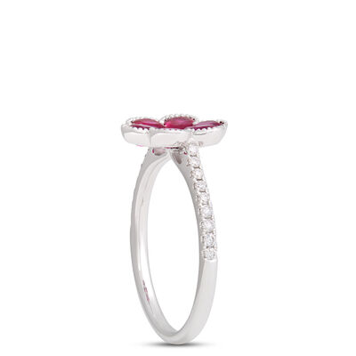 Flower Shaped Ruby Ring, 14K White Gold