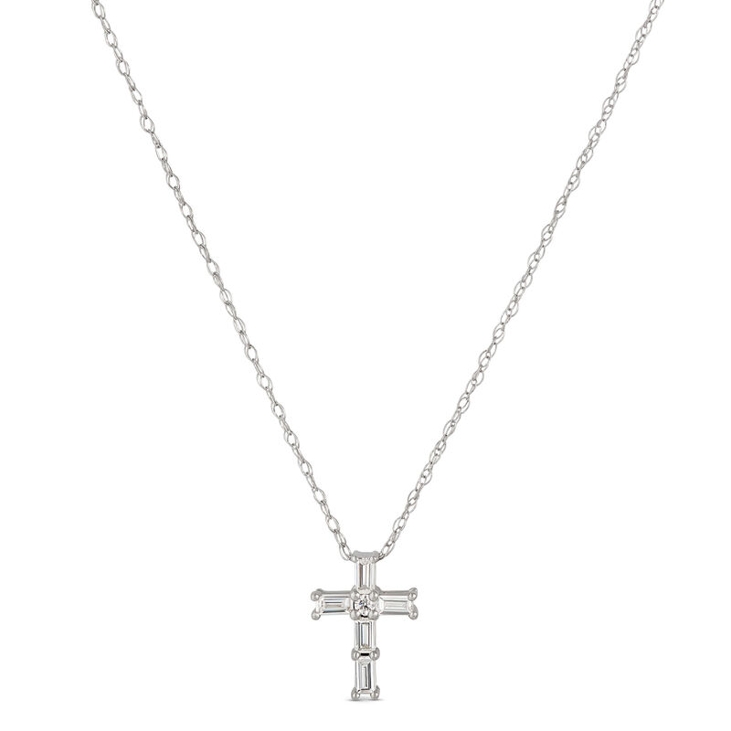 Baguette and Round Diamond Cross Pendant, 14K White Gold image number 0