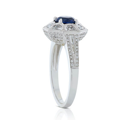 Sapphire & Half Moon Diamond Halo Ring 18K