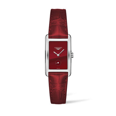 Longines DolceVita Watch Rectangle Red Dial Red Leather Strap, 23mm
