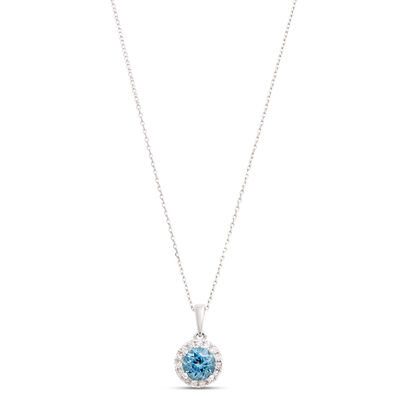 Classic Round Sapphire Diamond Halo Necklace, 1/10 Total Carat Weight, 14K White Gold