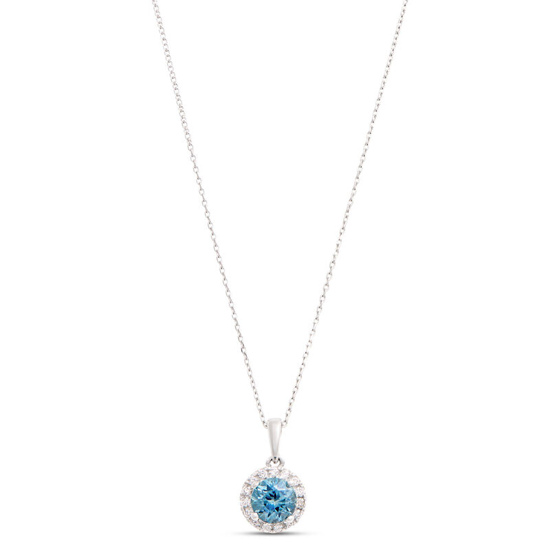 Classic Round Sapphire Diamond Halo Necklace, 1/10 Total Carat Weight, 14K White Gold image number 0