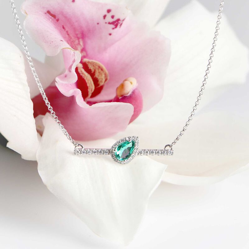 Slanted Pear-Shaped Emerald & Diamond Bar Necklace 14K image number 2