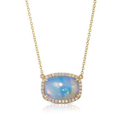 Cushion Cut Opal and Diamond Pendant, ⅓ Carat Total Weight, 14K Yellow Gold