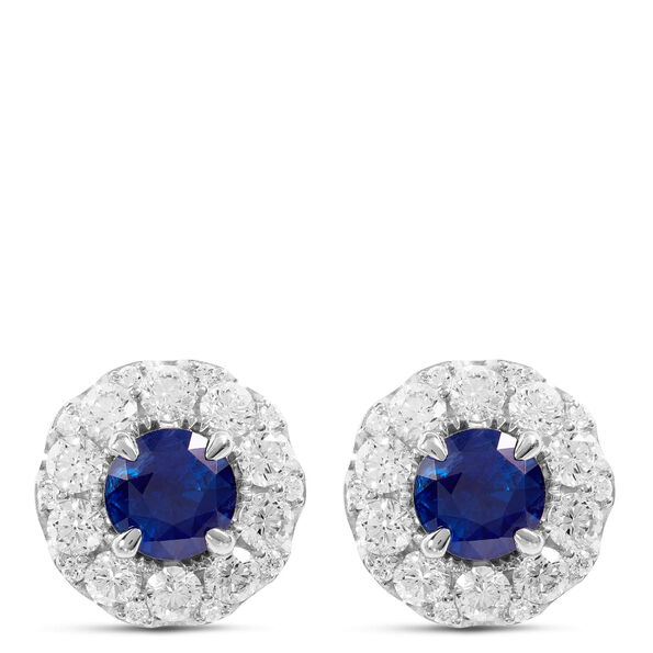 Blue Sapphire and Diamond Halo Stud Earrings, 18K White Gold