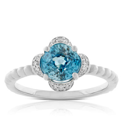 Blue Zircon & Diamond Flower Ring 14K