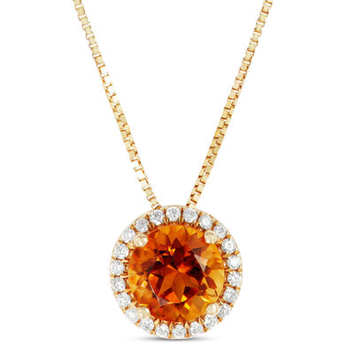 Round Cut Citrine and Diamond Halo Pendant Necklace, 14K Yellow Gold