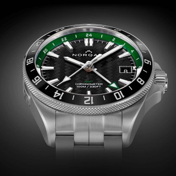 Norqain Adventure Neverest GMT Black Dial Green and White Ring Stainless Steel Automatic Watch, 41mm