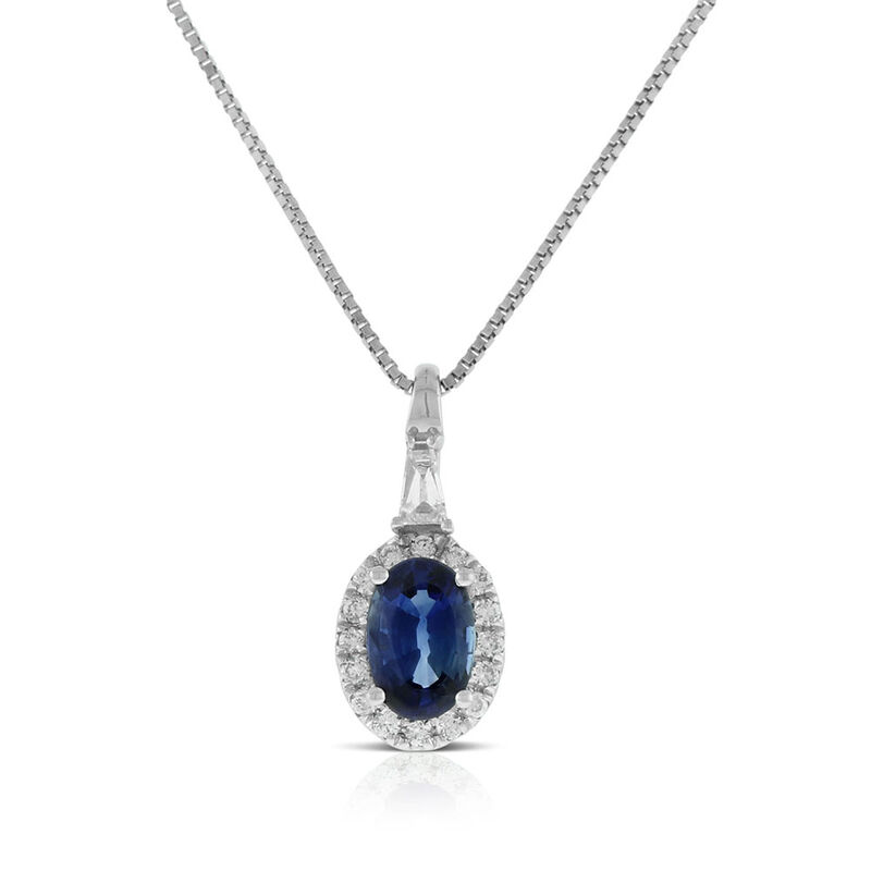 Oval Sapphire & Diamond Halo Necklace 14K image number 0