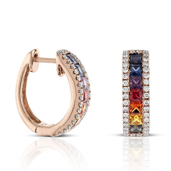Rose Gold Rainbow Sapphire & Diamond Hoop Earrings 14K