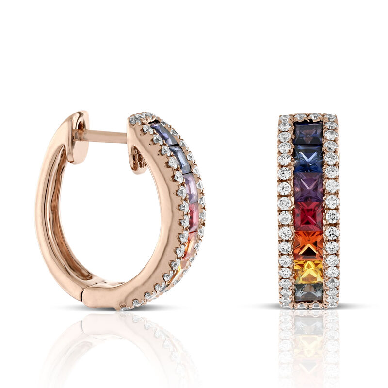 Rose Gold Rainbow Sapphire & Diamond Hoop Earrings 14K image number 1