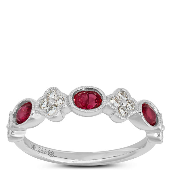 Ruby and Floral Diamond Cluster Ring, 14K White Gold