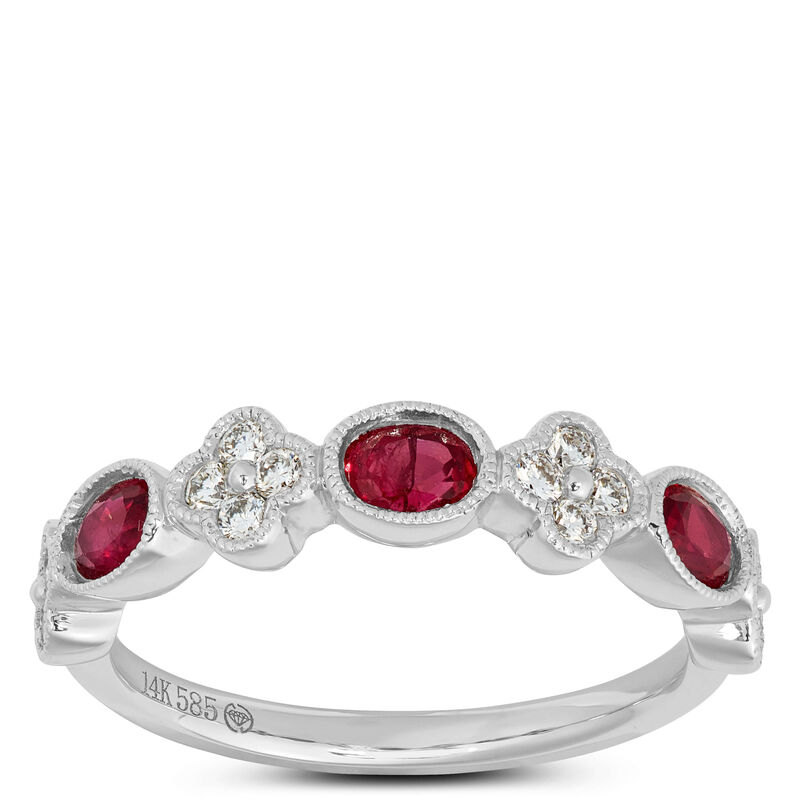 Ruby and Floral Diamond Cluster Ring, 14K White Gold image number 0