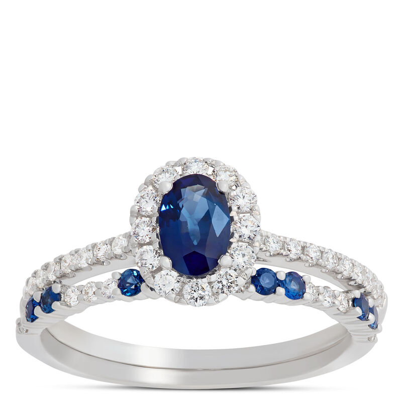 Oval Blue Sapphire and Round Diamond Ring, 14K White Gold image number 0