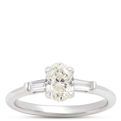 Oval and Baguette Diamond Engagement Ring, 1 Carat Total Weight, 14K White Gold
