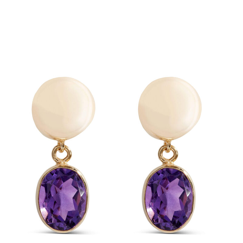 Button Top Oval Amethyst Drop Earrings in 14K Yellow Gold image number 1