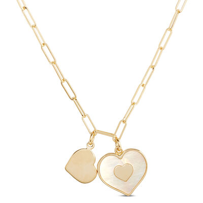 Mother-of-Pearl Heart Pendant and Paperclip Chain, 14K Yellow Gold