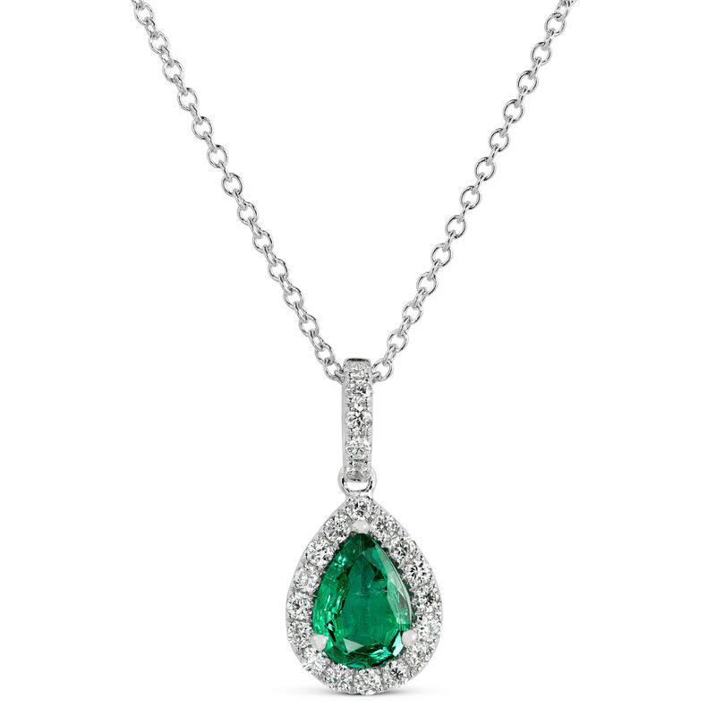Pear Shaped Emerald and Diamond Halo Pendant Necklace, 14K White Gold image number 1