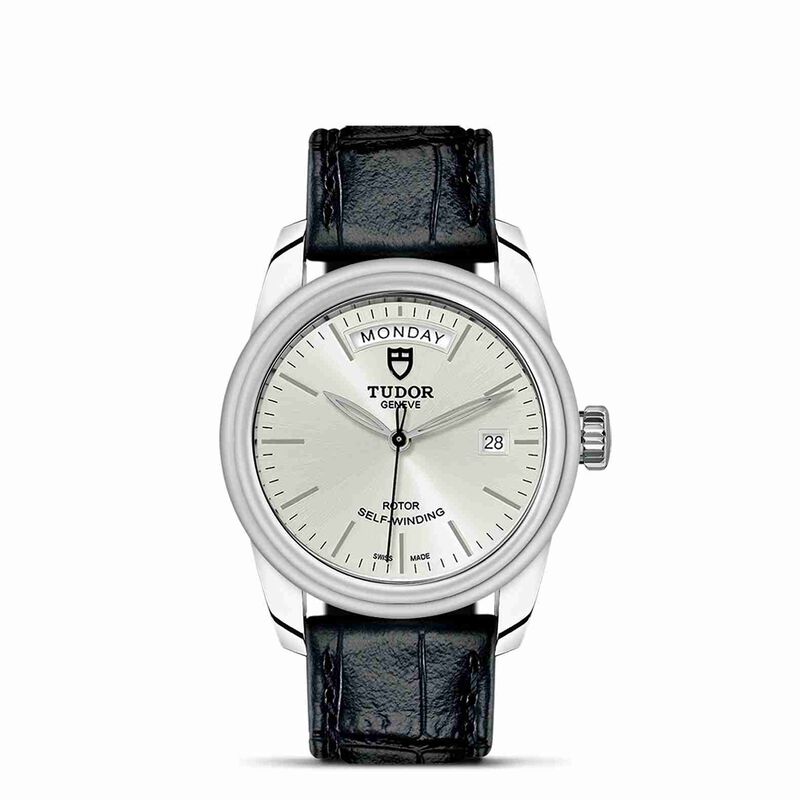 TUDOR Glamour Date+Day Watch Silver Dial Black Leather Strap, 39mm image number 1