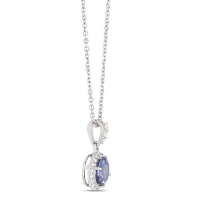 Round Tanzanite and Diamond Halo Pendant Necklace in 14K White Gold