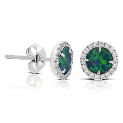 Round Opal Doublet & Diamond Stud Earrings 14K