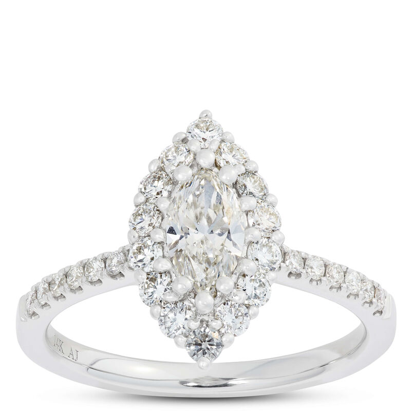 Marquise Cut Halo Diamond Ring, 14K White Gold image number 0