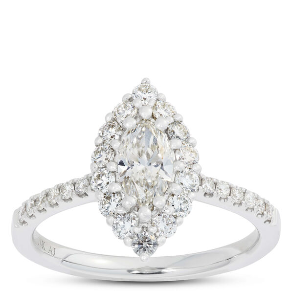 Marquise Cut Halo Diamond Ring, 14K White Gold