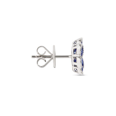 Floral Pear Shaped Sapphire Studs with Round Accent Diamonds, 14K White Gold