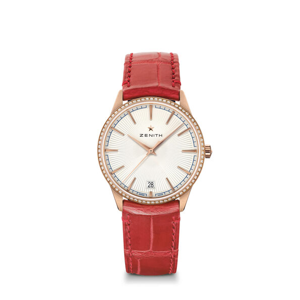 Zenith ELITE Classic Watch Silver-Tone Dial Red Leather Strap, 36mm